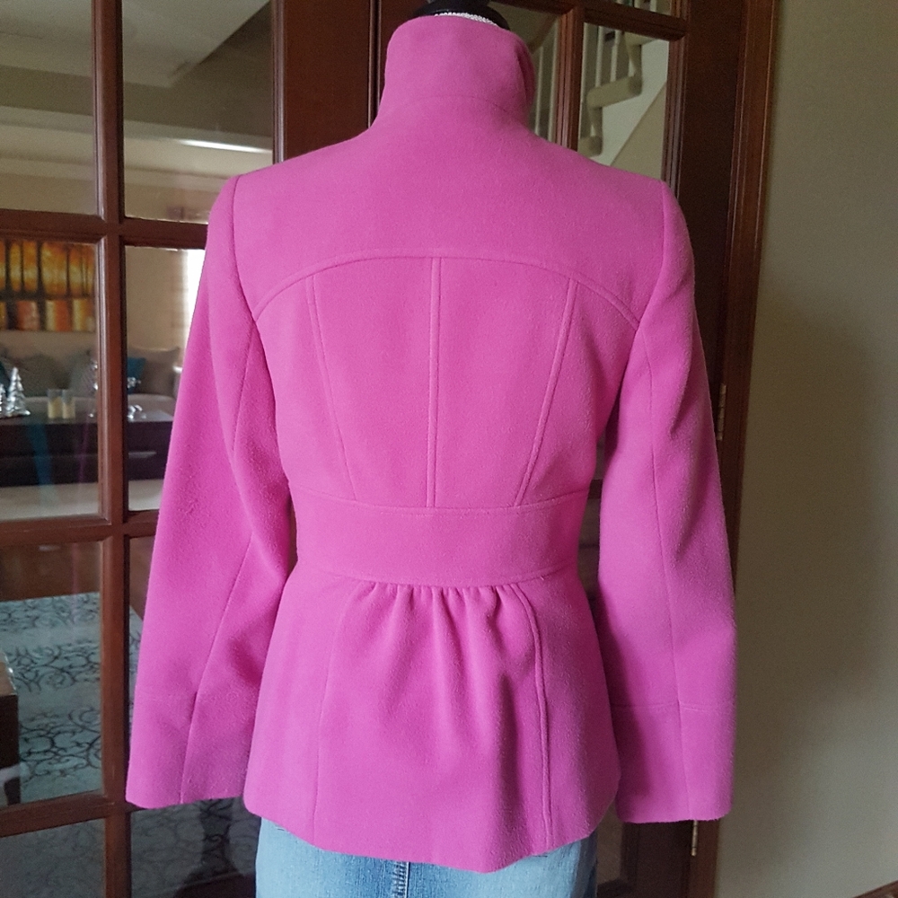 Fuchsia Pink Double Breasted Pea Coat with Black Buttons from London - Picture 5 of 17